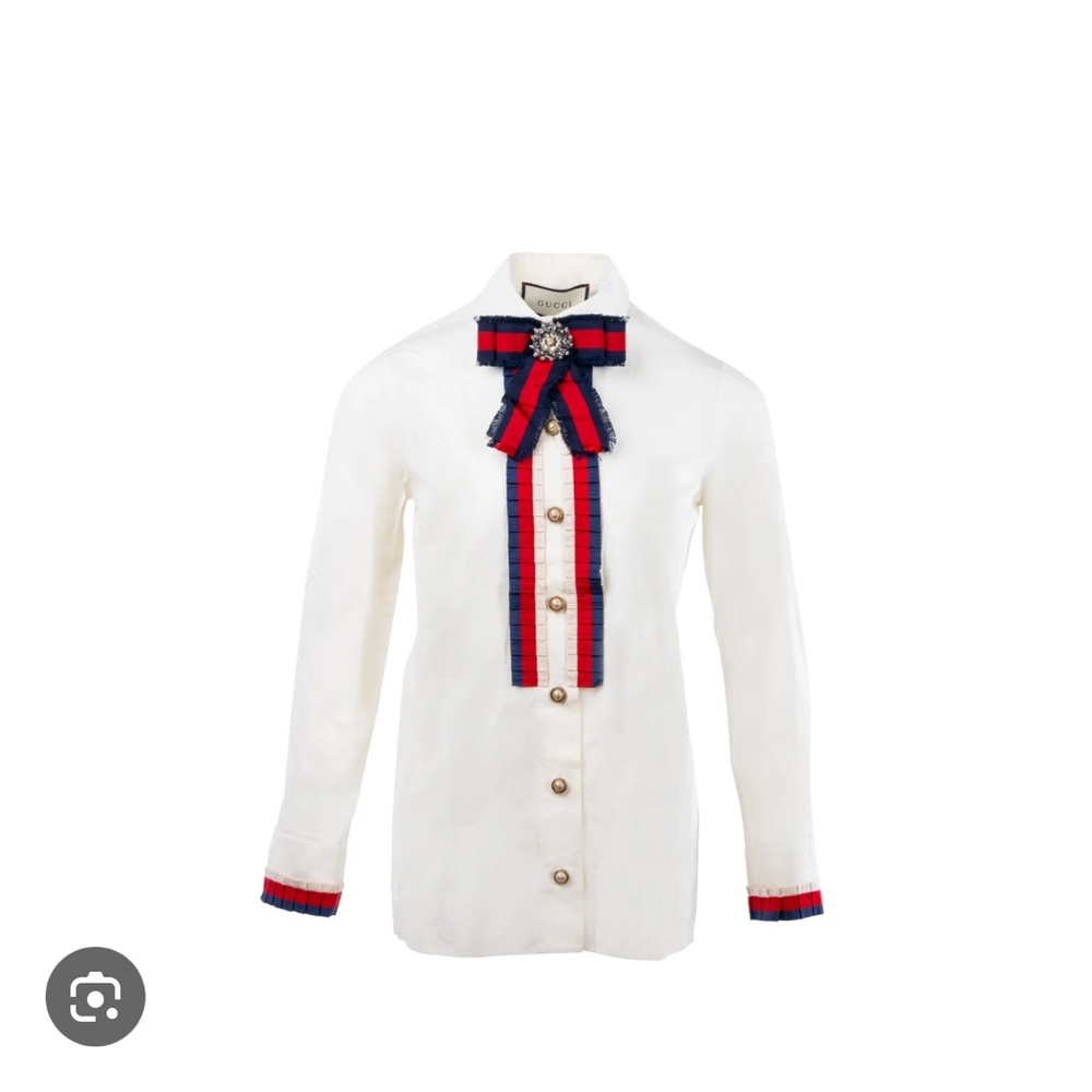 White Shirt with Red and Blue Ribbon Detail